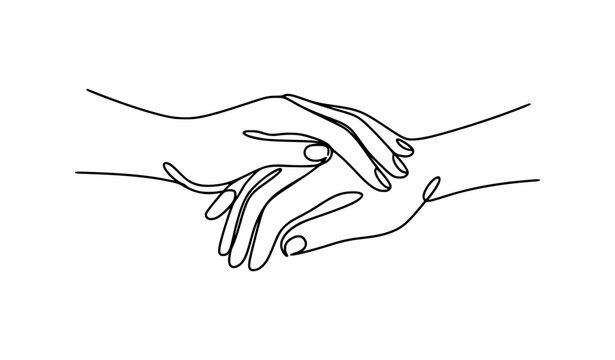 Two hands clasping continuous line art care assistance rescue icon vector illustration