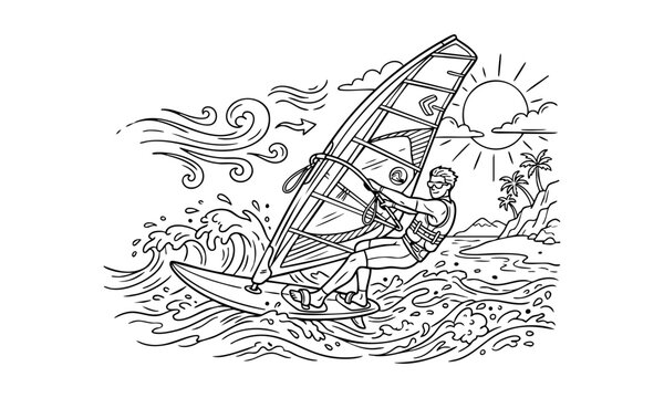 Professional windsurfer sailing on ocean waves line art illustration with adventure