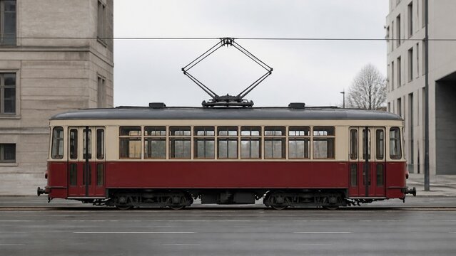 Vintage red and cream tram on urban street with classic and modern architecture