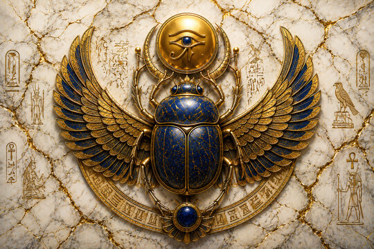 Golden Egyptian winged scarab amulet with blue lapis details and ancient hieroglyphic background