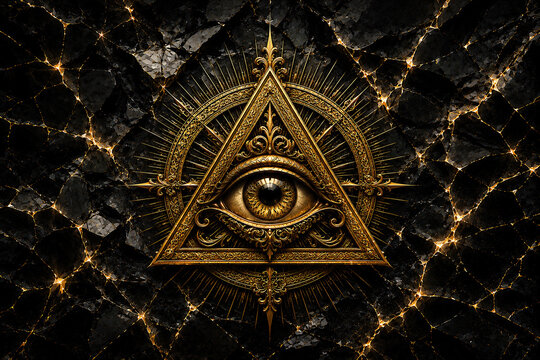 Golden all seeing eye inside mystical triangle on dark marble background