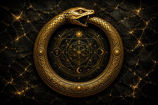 Golden Ouroboros serpent with sacred geometry on dark mystical background