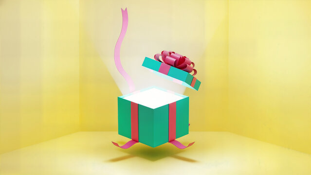 Open teal green gift box with pink ribbons floating in air inside bright yellow minimalist studio space for cheerful product promotion and surprise reveal scene.