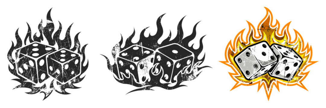 Grunge style dice with burning flames isolated on transparent background design element.