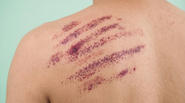 Severe red scratch marks, petechiae or gua sha scraping bruising on human back skin, trauma concept.