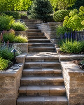 Outdoor paver stone steps leading up through terraced garden landscaping in sunlight