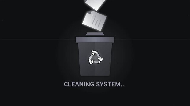 Animated Digital File Cleaning System Concept with Recycling Trash Bin and Floating Documents
