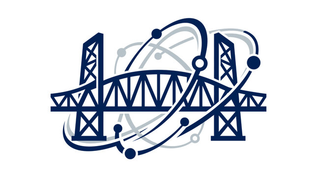 Abstract Truss Bridge Silhouette With Orbital Science Elements Logo Graphic Design Concept for Engineering and Scientific Infrastructure Projects