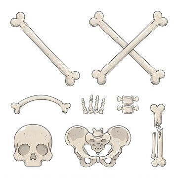 Collection of skeletal elements including skull pelvis and bones isolated on transparent background