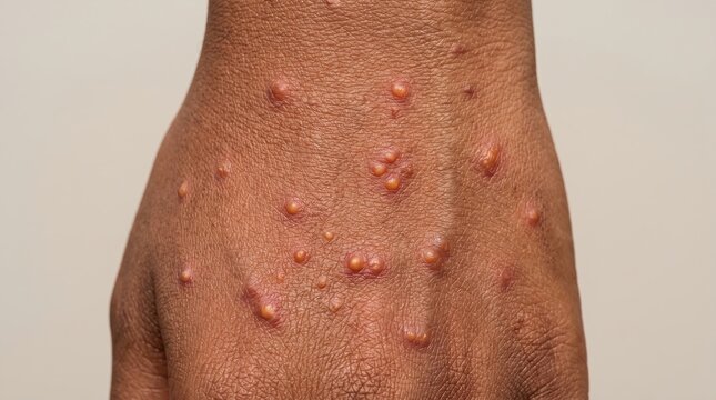 Clustered vesicles, blisters or monkeypox viral infection rash on the hand of a dark-skinned patient.