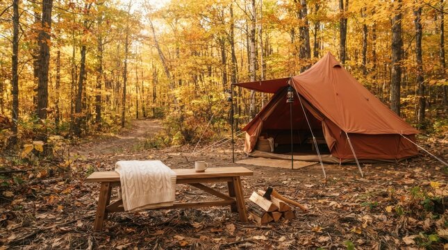 Camping tent with a wooden table and picnic blanket set up in a beautiful forest during the autumn season with golden leaves
