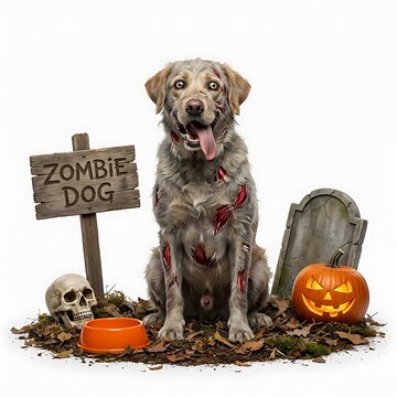 Zombie dog with wounds, sign, skull, and pumpkin, isolated on white background