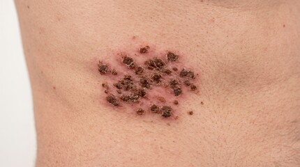 Fototapeta premium Close up of crusted lesions on human skin, herpes zoster, shingles or severe viral rash recovery