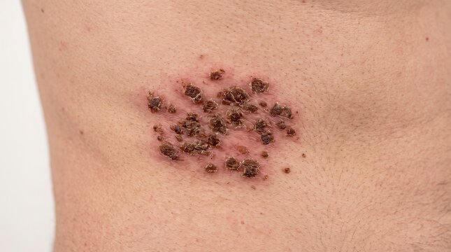 Close up of crusted lesions on human skin, herpes zoster, shingles or severe viral rash recovery