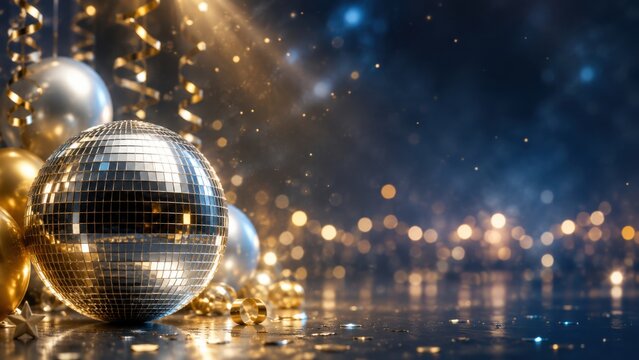 New year party decoration with disco ball and golden bokeh lights on dark background for celebration