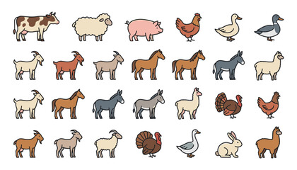 Fototapeta premium Cute Farm Animals Icon Set Collection with Cow Sheep Pig Chicken Goat Horse Donkey and Rabbit Vectors for Children Illustration and Agriculture Designs
