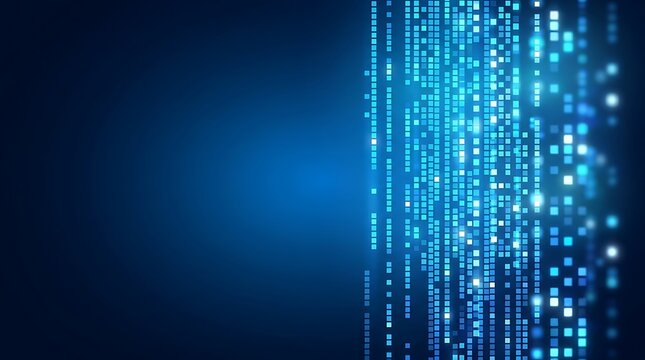 Digital binary code data stream in vibrant blue neon glow for cyber technology concept