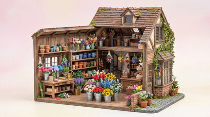 Naklejka premium Handcrafted miniature garden shed diorama with potted flowers and rustic decor for hobby displays