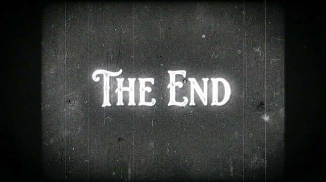 Un fotograma de pel&iacute;cula retro, con grano y ara&ntilde;azos, que muestra el texto 'THE END' en letras blancas envejecidas sobre un fondo negro desgastado y con agujeros de arrastre en los bordes.
