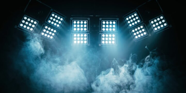 Blue LED Stage Lights Shining Through Smoke on a Dark Background