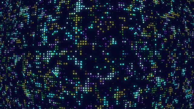 Hi tech motion graphic background, blue and red flickering dots on dark background 