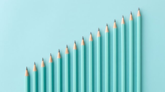 Row of sharpened colored pencils lined up on light blue background for design and creativity