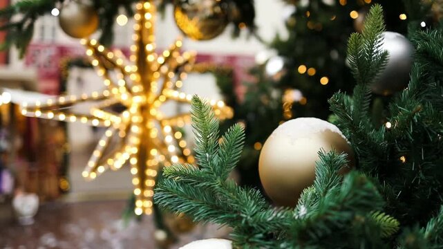 Close up of an outdoor Christmas tree adorned with shiny gold and silver baubles and glowing lights on a historic European city square.