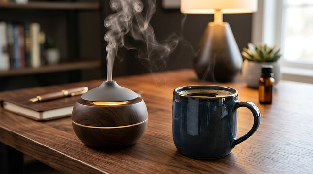 Wooden aroma diffuser releasing scented steam next to a cup of coffee on a cozy office desk