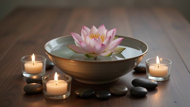 Relaxing spa background with a pink lotus flower floating in a water bowl surrounded by burning candles and zen stones, slow motion.
