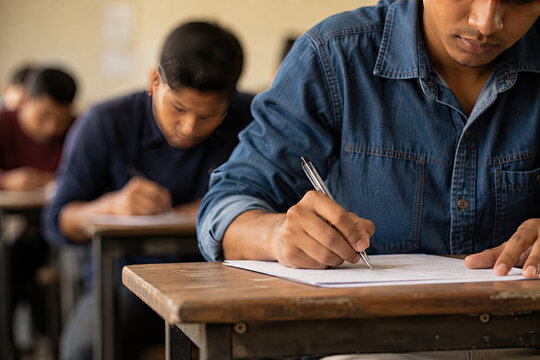 Group of focused students sitting at wooden desks in a classroom taking a written examination or test