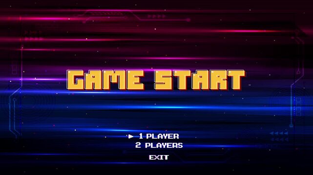 GAME START. Retro Futurism Sci-Fi Background. glowing neon grid and star from vintage arcade computer games