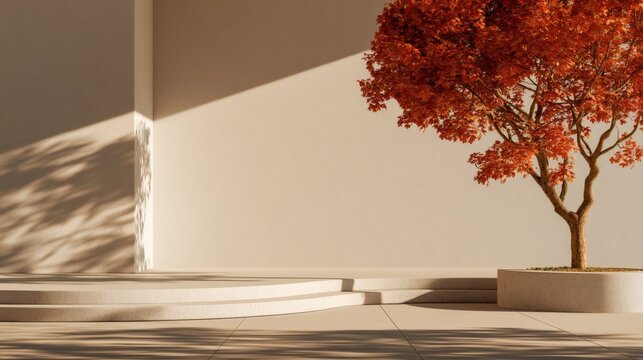 Minimal Autumn Background with Red Maple Tree and Beige Architecture