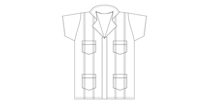 Men's short sleeve guayabera shirt with four pockets technical fashion flat sketch vector template