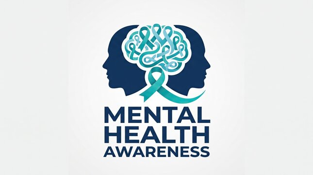 Mental health awareness concept with human brain profile and ribbon vector illustration psychology medical design template