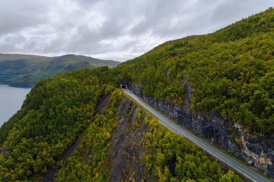 Coastal road entering Setsahogda Tunnel in Norway