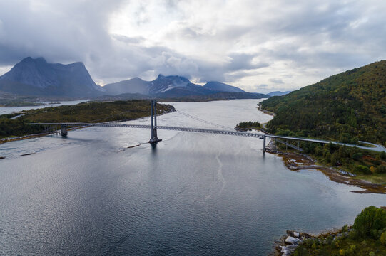 Efjord Bridge beneath dramatic mountains in Norway