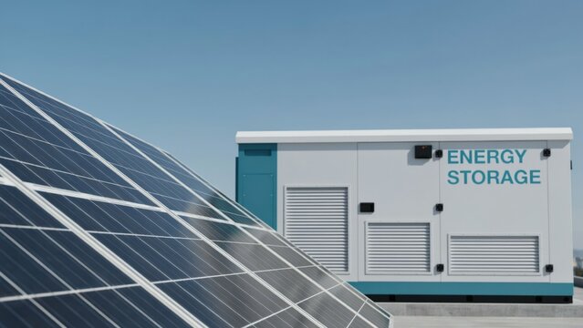 Solar panel and industrial energy storage system under blue sky