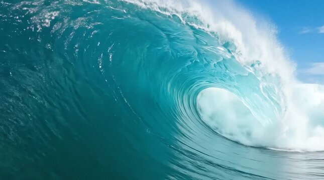 Powerful ocean wave crashes with white foam under a clear blue sky, travel destination