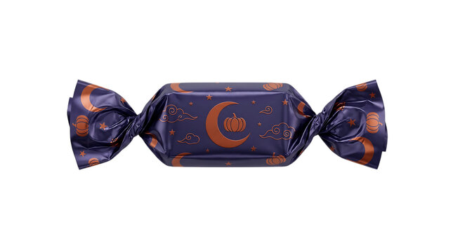 Festive halloween candy wrapped in dark blue with crescent moon design isolated on transparent background