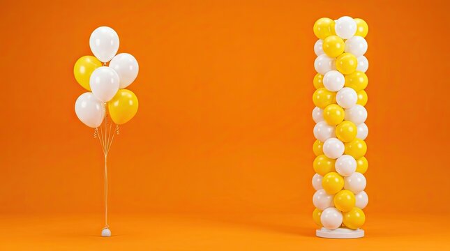 Colorful balloon arrangements on orange background for festive celebrations and joyful events
