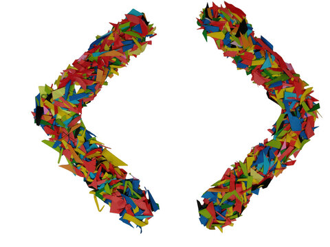 Colorful coding brackets made of scattered confetti bits isolated on white background