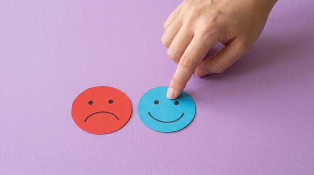 Choosing happiness concept with hand pointing to smiling face