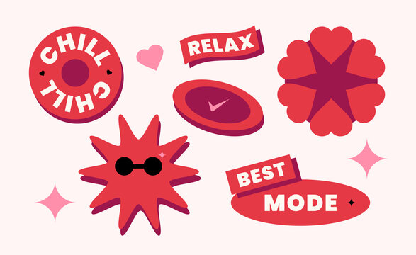 Neobrutalist Cherry Red Sticker Collection with Trendy Labels, Cute Shapes and Bold Graphic Elements