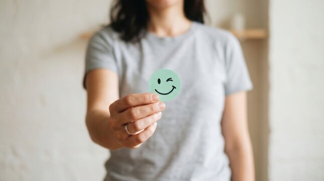 Woman holding a green winking smiley face sticker