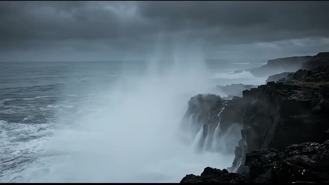 Powerful Ocean Waves Crashing Against Rugged Volcanic Cliffs Under Dramatic Stormy Sky