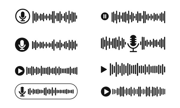 Set of black audio waveform icons with microphone and playback symbols for digital sound interface