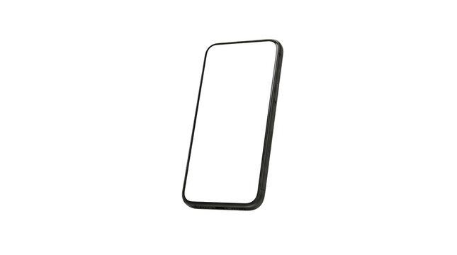 A sleek smartphone with a blank white screen tilted at an angle, isolated on a solid black background, for digital interface mockups