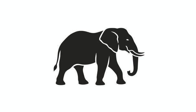 Black silhouette of a large walking african elephant with big tusks and ears isolated on solid white background.