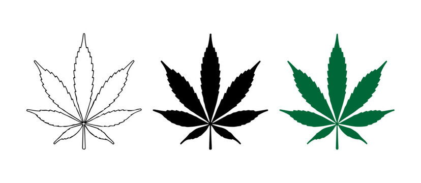 Cannabis sativa leaf icons in outline black and green silhouettes for medical and herbal industries.