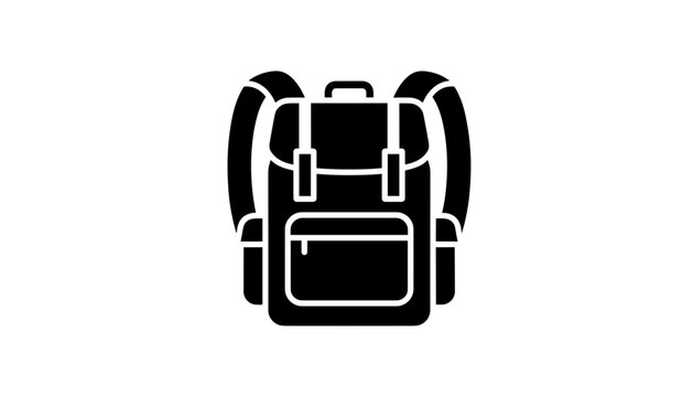Solid black classic backpack icon representing travel equipment adventure gear school bag or camping rucksack.